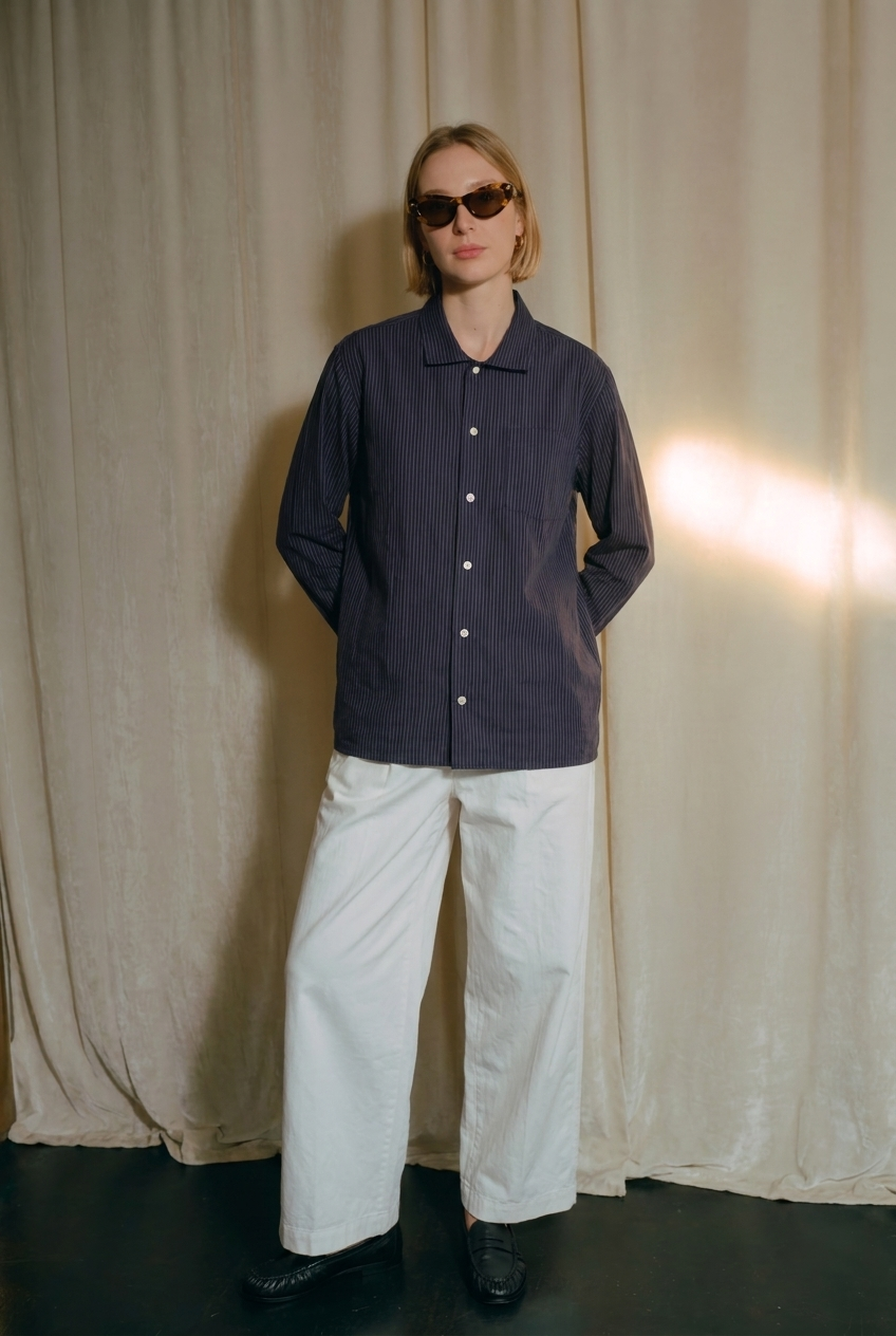 NO PANIC COFFEE blue Madeleine pinstripe shirt – front view