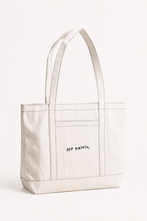 NO PANIC COFFEE beige cotton tote bag – front view