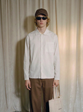 NO PANIC COFFEE white Madeleine pinstripe shirt – front view