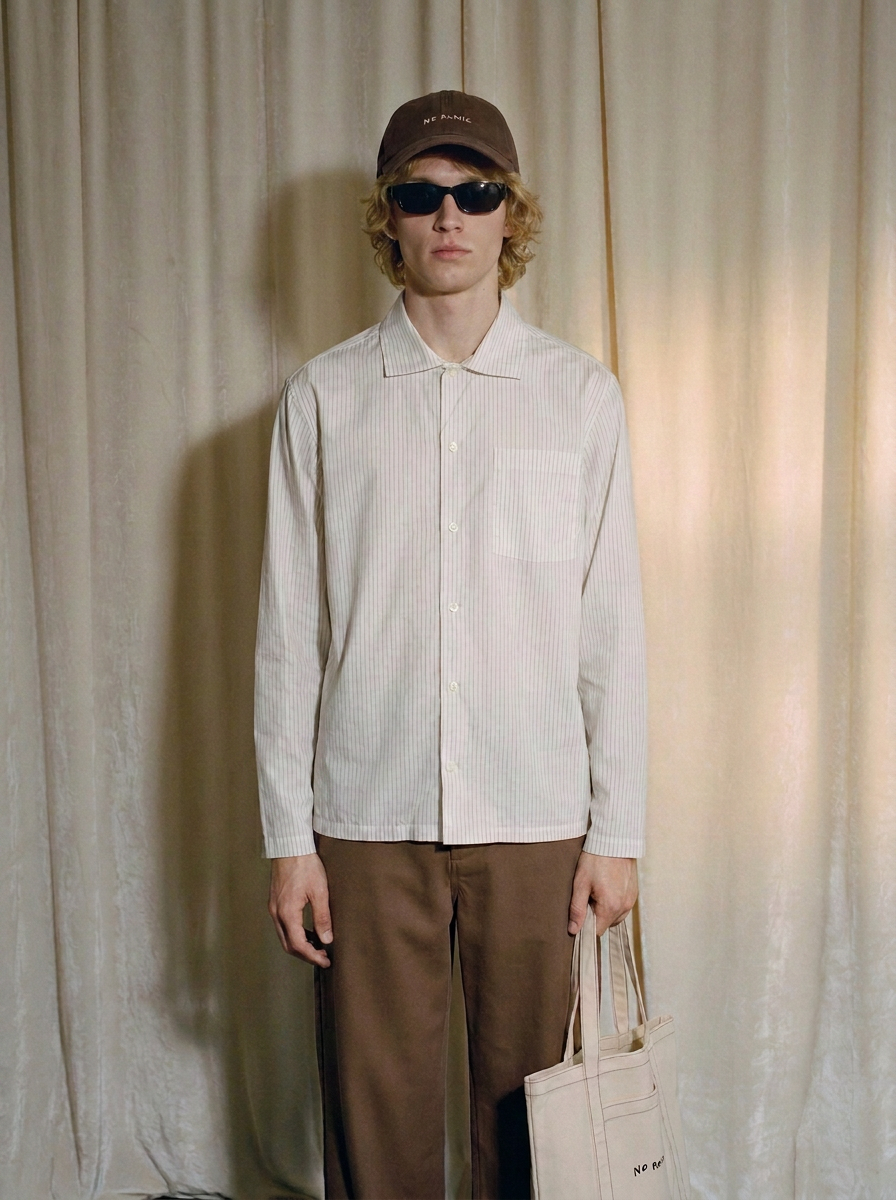 NO PANIC COFFEE white Madeleine pinstripe shirt – front view