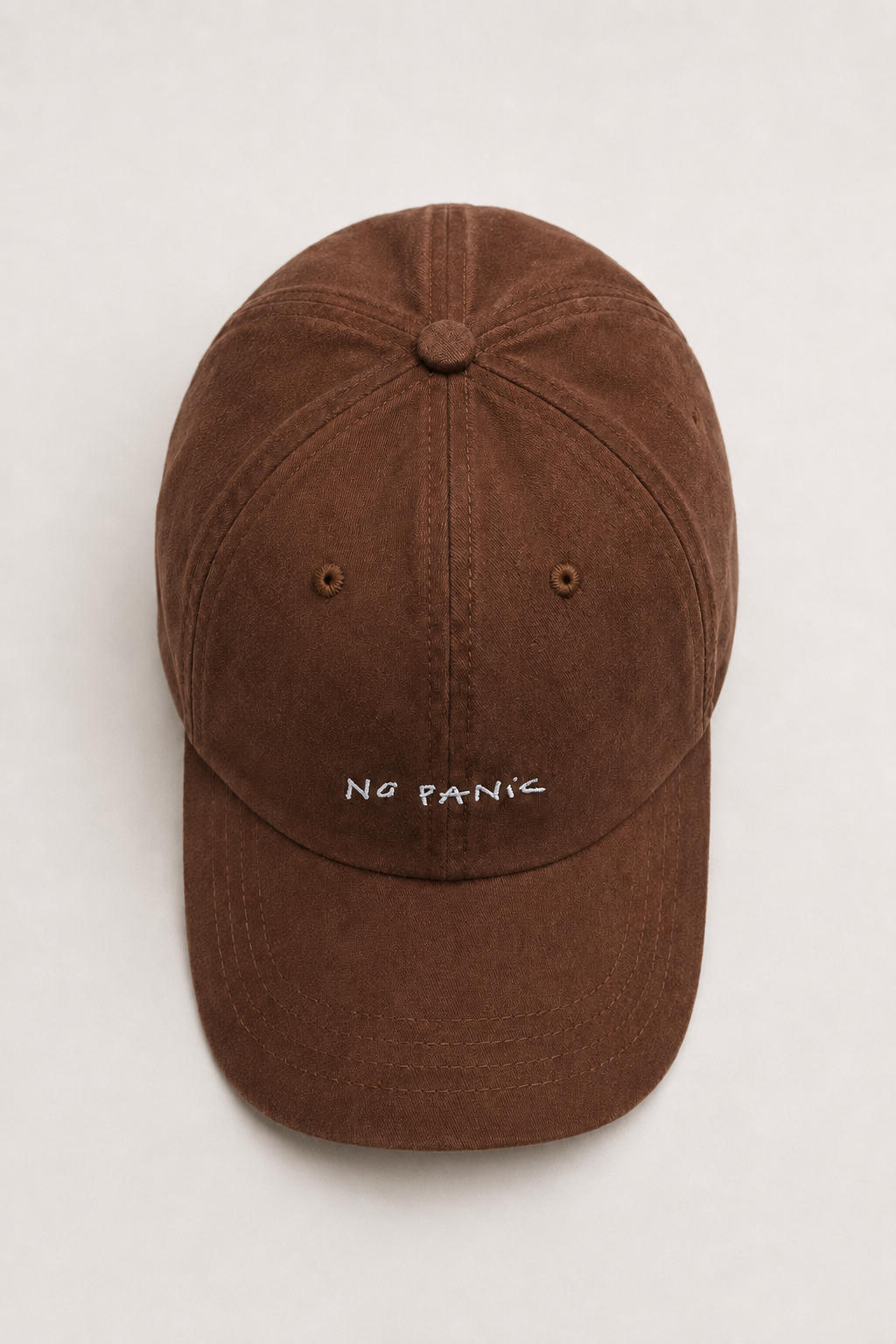 NO PANIC COFFEE brown cotton cap – front view